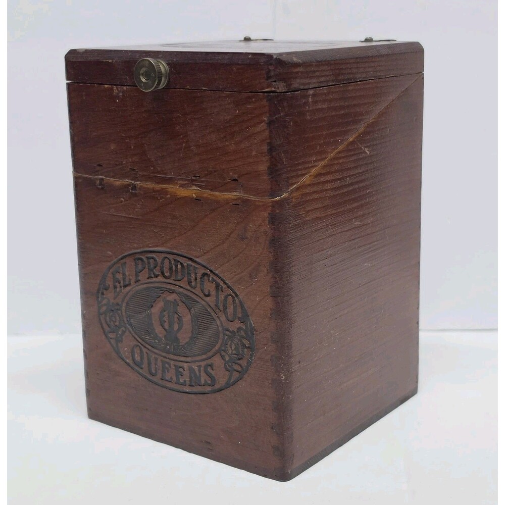 Vintage El Producto Queens Wooden Empty Cigar Box Storage Asymmetrical Lid